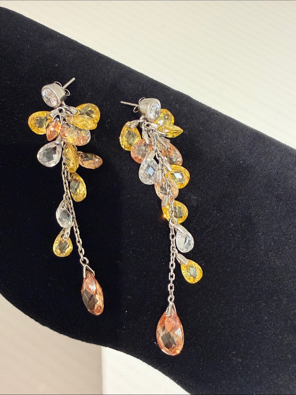 Sterling Silver - Dainty Yellow and Amber Crystal Drop Earrings - Women Jewelry